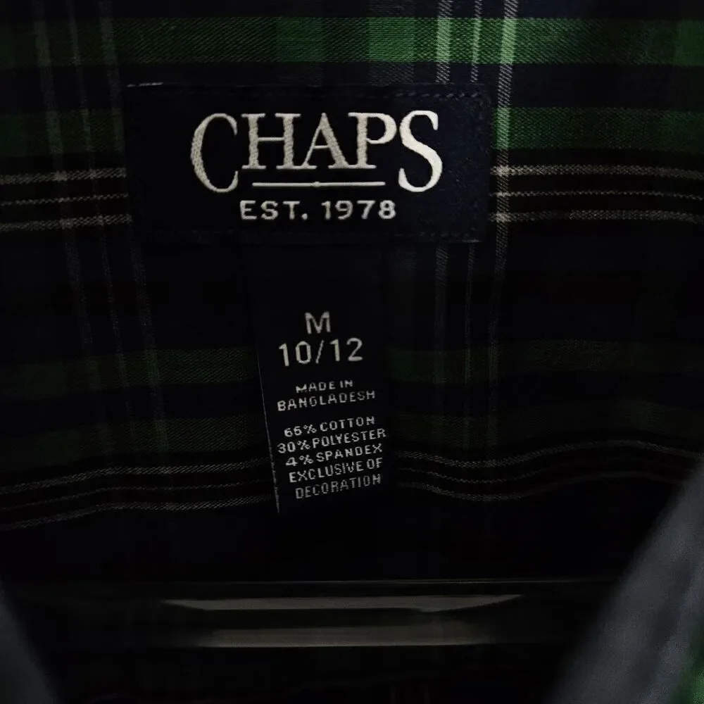 CHAPS Youth Boys Plaid Button front Long sleeve shirt Green and Black Size Mediu